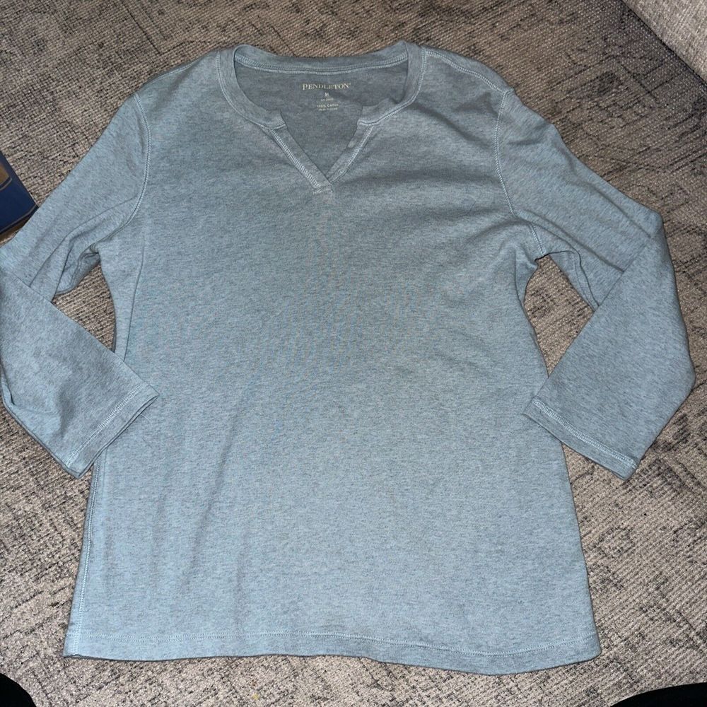 Pendleton Top Large Blue 3/4 Sleeve 100% Cottton V-Neck Comfort Womens‎